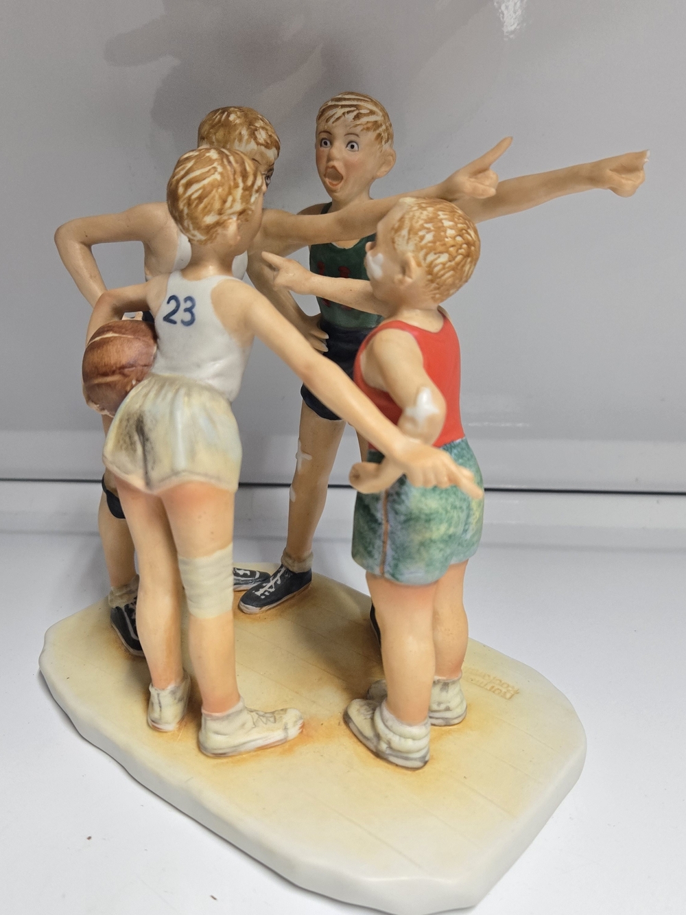 Norman Rockwell Boys Basketball Figurine - Red, Green, White, Blue, Tan